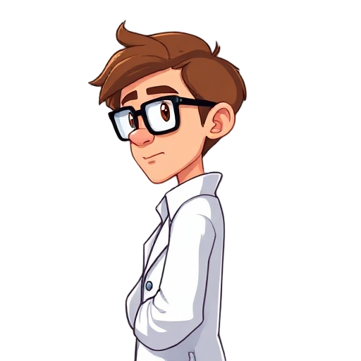 the side view of a male scientist with brown hair and eyes, wearing lab coat and black frame glasses 