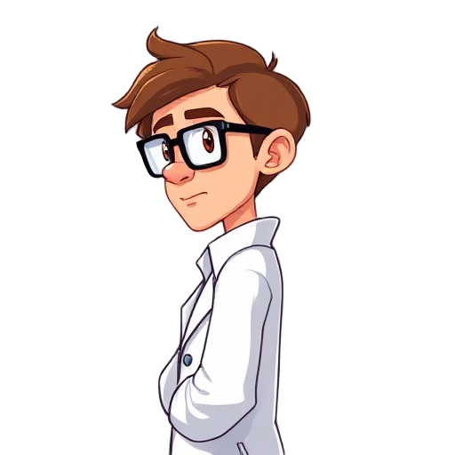 the side view of a male scientist with brown hair and eyes, wearing lab coat and black frame glasses 