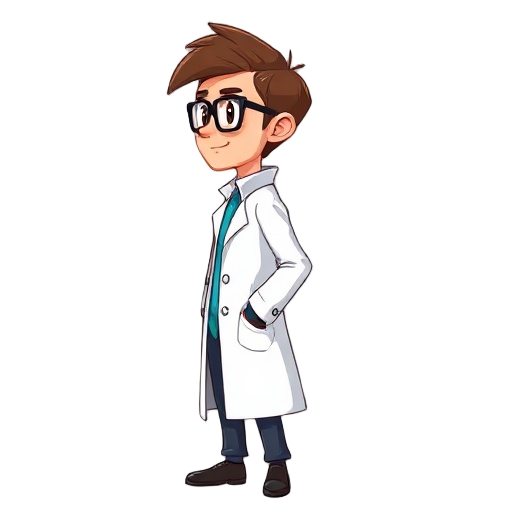 the side view of a male scientist with brown hair and eyes, wearing lab coat and black frame glasses