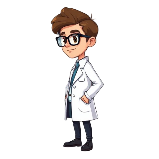 a pixal art style full body side view of a male scientist with brown hair and eyes, wearing lab coat and black frame glasses 