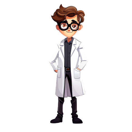 the full body side view of a male scientist with brown hair and eyes, wearing lab coat and black frame glasses 