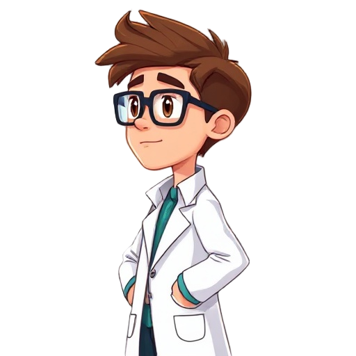 the full body side view of a male scientist with brown hair and eyes, wearing lab coat and black frame glasses 