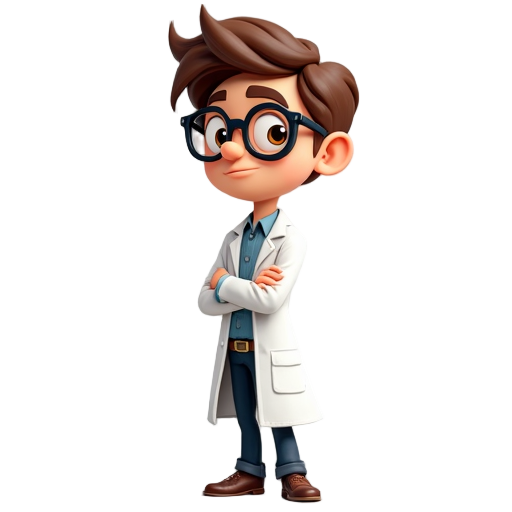 the full body side view of a male scientist with brown hair and eyes, wearing lab coat and black frame glasses 