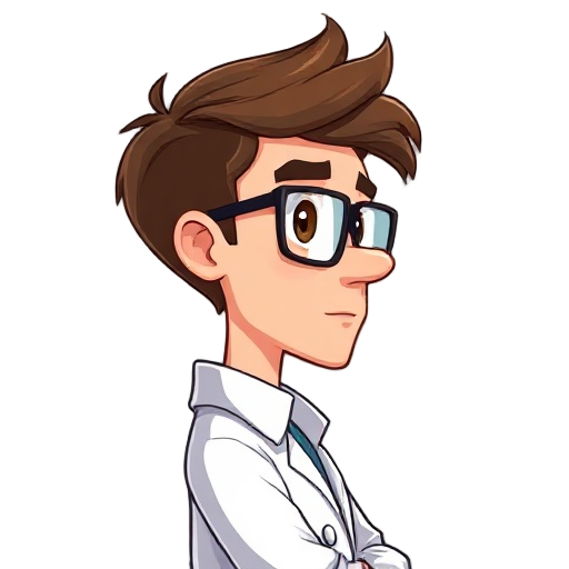 the side view of a male scientist with brown hair and eyes, wearing lab coat and black frame glasses 