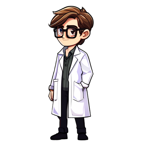 the full body side view of a male scientist with brown hair and eyes, wearing lab coat and black frame glasses 