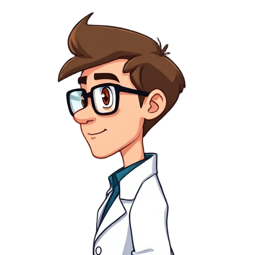 the side view of a male scientist with brown hair and eyes, wearing lab coat and black frame glasses 