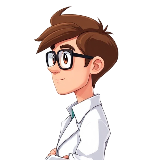 the side view of a male scientist with brown hair and eyes, wearing lab coat and black frame glasses 