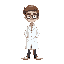 a scientist with white labcoat, brown hair and wearing glasses