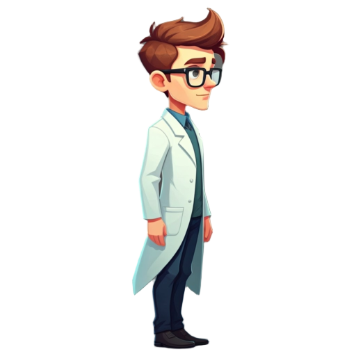 the full body side view of a male scientist with brown hair and eyes, wearing lab coat and black frame glasses 