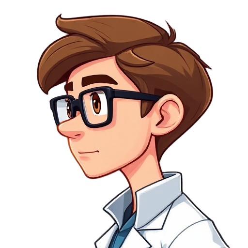 the side view of a male scientist with brown hair and eyes, wearing lab coat and black frame glasses 