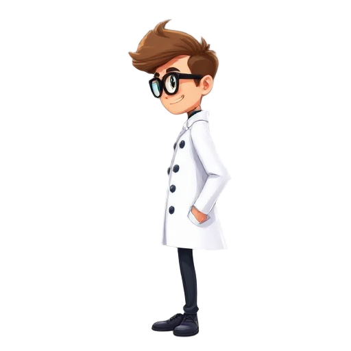the full body side view of a male scientist with brown hair and eyes, wearing lab coat and black frame glasses 