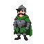 a knight without helmet black hair, he is fat and has a moustache, green cape