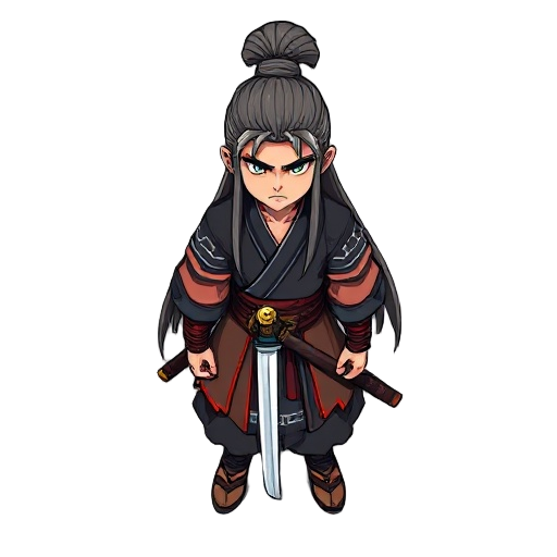 creates a samurai with long, tied-up hair. in which his sword is kept in its sheath. with oriental clothing. very stylish and detailed.