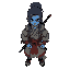 creates a samurai with long, tied-up hair. in which his sword is kept in its sheath. with oriental clothing. very stylish and detailed, blue skin