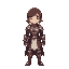 a female warrior in armor in an idle position, without a helmet and with short mushroom-shaped hair, 3/4
