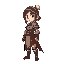 a female warrior in armor in an idle position, without a helmet and with short mushroom-shaped hair, side view
