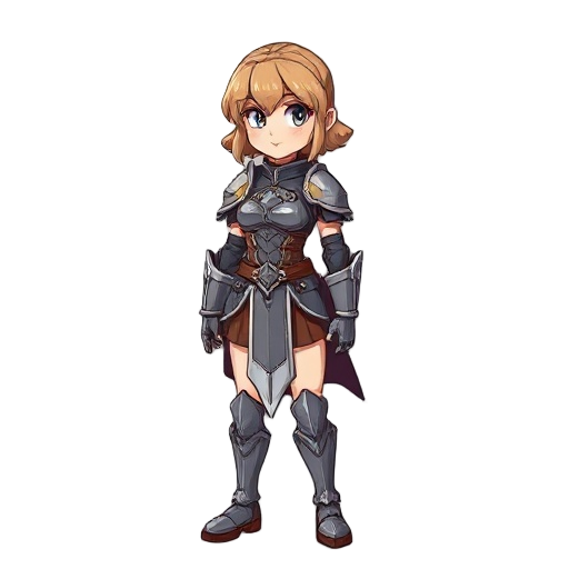 a female warrior in armor in an idle position, without a helmet and with short mushroom-shaped hair