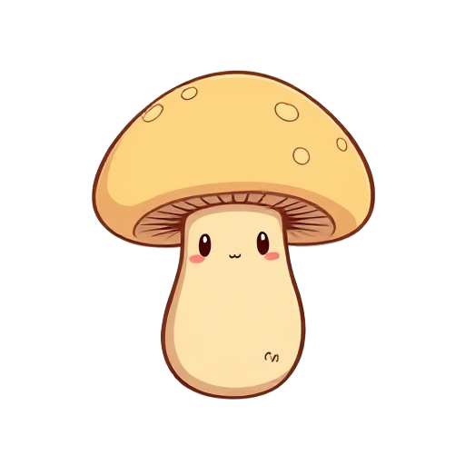 a chubby mushroom with beige stem and round tan cap.  idle: mushroom cap peeks with face drawn on stem.  appear: cap squashes then stretches upward.  hide: reverse of appear.  dizzy: mushroom cap shakes side-to-side, stars circling.  faint: mushroom slump