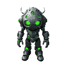 inimigo robótico futurista infectado por fungos, estrutura metálica cinza escuro, fungos verdes, marrom e bege cobrindo ombros, costas e cabeça, visual ameaçador e corrompido, metal corroído pela infe