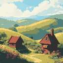 a cozy, sunlit village with rolling hills, a rustic cottage, and vibrant flowers — whimsical, serene, and pixelated in studio ghibli’s warm, nostalgic style.