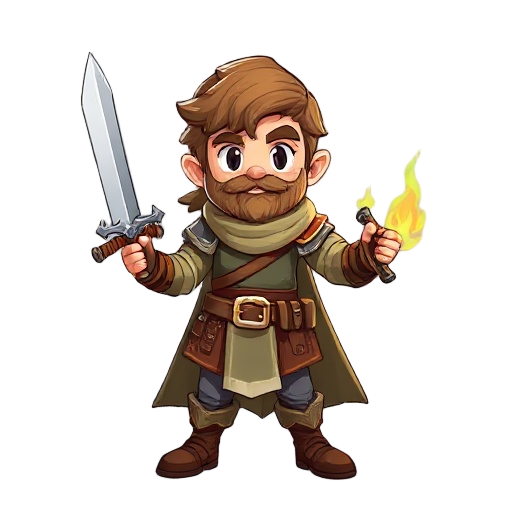 a village hero looks like a human with he has sword , normal and gun and spells like poses