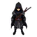 um guerreiro medieval, com casaco preto estilo assassin scred com detalhes em branco. quero que ele tenha uma pistola roxa com a parte de baixo branca
