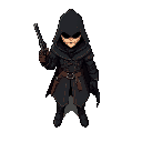 um guerreiro medieval, com casaco preto (estilo britanico e de assassin screed, ou seja, que tenha detalhes em branco no casaco) e uma pistola preta, com a base branca e a ponta roxa