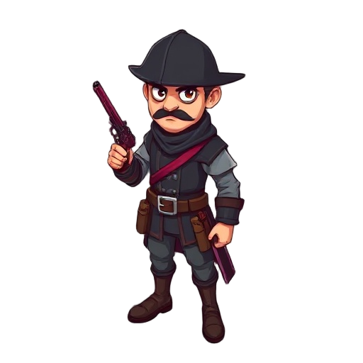 um guerreiro medieval, com casaco preto (estilo britanico) e uma pistola preta com detalhes cinza e roxo