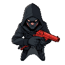 guerreiro mediavel com casaco preto parecido com assasin screed), sombrio e misterioso, segurando uma pistola da cor roxa.