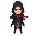 um guerreiro medieval, com casaco preto estilo assassin scred com detalhes em branco. quero que ele esteja segurando uma pistola roxa com detalhes em branco