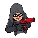 personagem masculino com casaco preto (parecido com assasin screed), segurando uma pistola da cor vermelha.
