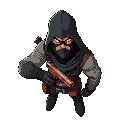guerreiro mediavel com casaco preto (estilo britânico, parecido com assasin screed), segurando uma pistola da cor roxa, com o cano branco. quero que mostre o corpo todo dele