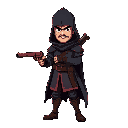 um guerreiro medieval, com casaco preto (estilo britanico) e uma pistola preta com detalhes cinza e roxo