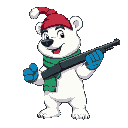 polar bear with red and white hat, blue gloves, green scarf, holding a shotgun, charming face, fierce pose, vibrant colors, side view, 2d platformer style, 