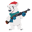 polar bear with red and white hat, blue gloves, green scarf, holding a shotgun, charming face, fierce pose, vibrant colors, side view, 2d platformer style, 