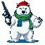 polar bear with red and white hat, blue gloves, green scarf, holding a shotgun, charming face, fierce pose, no background, transparent, detailed