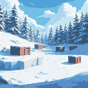 snowy battlefield with icy platforms, frozen crates, pine trees in background, dramatic lighting, blue sky with clouds, 2d side view, vibrant colors, no characters