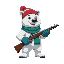 polar bear with red and white hat, blue gloves, green scarf, holding a shotgun, charming face, fierce pose, no background, transparent, detailed