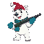 polar bear with red and white hat, blue gloves, green scarf, holding a shotgun, charming face, fierce pose, vibrant colors, side view, 2d platformer style, 