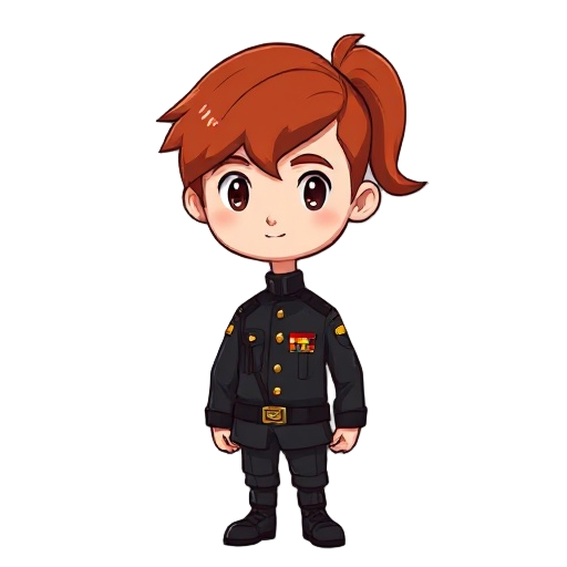create a character with red hair tied in a ponytail. he is a military cadet, so he wears a black army uniform.