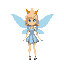 a female fairy, with little clothes and blue wings, and a golden crown.
