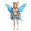 a female fairy, with little clothes and blue wings, and a golden crown.