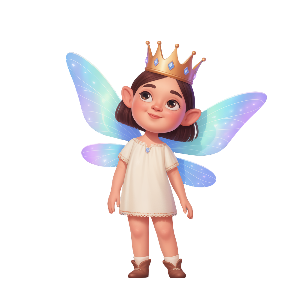 a female fairy, with little clothes and blue wings, and a golden crown.
