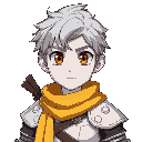 a grey haired male with white skin and red eyes, using a yellow scarf and a white lether armor