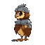 a cartoon-style armored owl viewed from the side, wearing bright and stylized medieval metal armor with plates and a helmet. the owl has big expressive eyes, a bold and playful look, and simplified, colorful armor details.