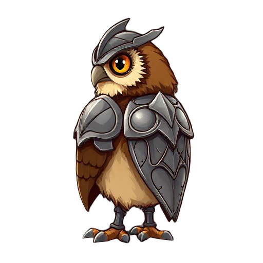 an armored owl viewed from the side, wearing detailed medieval-style metal armor with plates and a helmet. the owl looks noble and strong, with sharp eyes and intricate armor design.