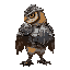 an armored owl viewed from the side, wearing detailed medieval-style metal armor with plates and a helmet. the owl looks noble and strong, with sharp eyes and intricate armor design.