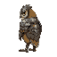 an armored owl viewed from the side, wearing intricate medieval-style metal armor with plates and a stylized helmet. the owl looks noble and strong, standing firm with sharp, watchful eyes. its armor shines subtly, showing details of wear and craftsmanshi