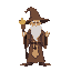 a pixel art wizard character in an idle stance, designed for a 2d game. the wizard wears a flowing robe with intricate patterns, a wide-brimmed, pointy hat, and holds a magical staff topped with a glo
