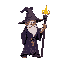 a pixel art wizard character in an idle stance, designed for a 2d game. the wizard wears a flowing robe with intricate patterns, a wide-brimmed, pointy hat, and holds a magical staff topped with a glo